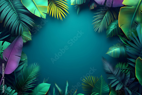 Vibrant tropical leaves frame a teal background, creating a lush, exotic border perfect for design projects or presentations.