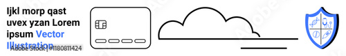 Cloud with a horizontal line, shield with checkmarks, square with four dots, and placeholder text. Ideal for cloud computing, data protection, digital security, online privacy, tech services web