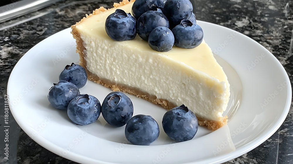 A slice of cheesecake with blueberries on top. generated using AI