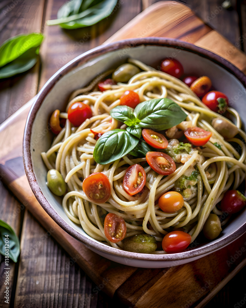 Spaghetti with Pesto. Tomatoes. and Olives. A Simple and Delicious Italian Dish Spaghetti with Pesto. Tomatoes. and Olives. A Simple and Delicious Italian Dish
