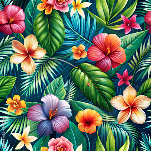 Wallpaper Mural Vibrant Tropical Flowers and Lush Foliage Pattern Torontodigital.ca