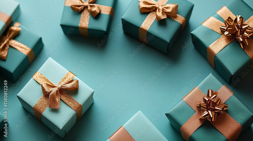 Elegant gift boxes with golden bows arranged against a soft teal backdrop, ideal for creating festive invitations, holiday marketing, or personal celebrations. Elegant gift boxes with golden bows arranged against a soft teal backdrop, ideal for creating festive invitations, holiday marketing, or personal celebrations.