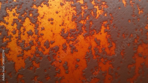 Rusted metal surface featuring irregular oxidation with vibrant red and orange tones, creating a worn, decayed, and weathered appearance.