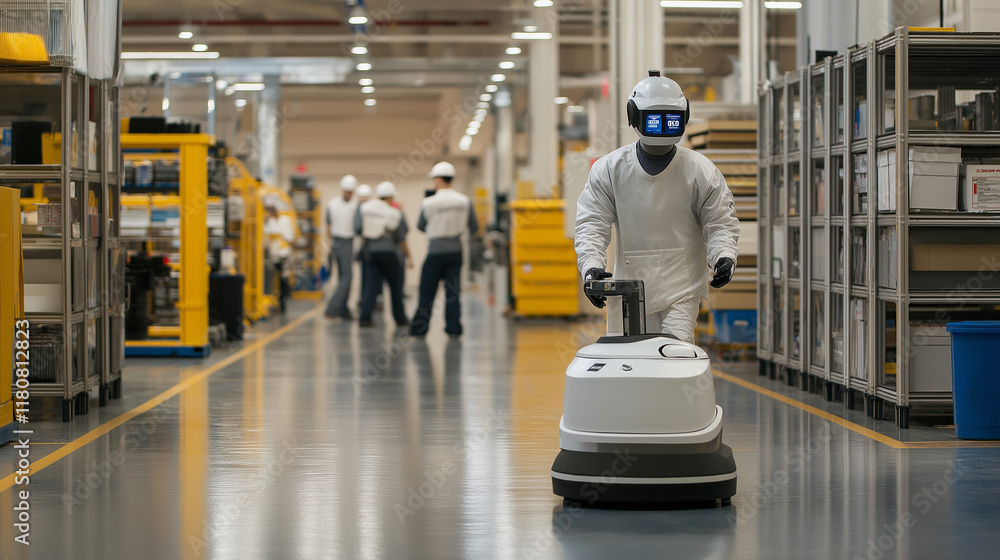 Obraz premium Prozessoptimierung mit autonomen KI Robotern FTS mit künstlicher Intelligenz im Lager und in der Produktionshalle mit echten Menschen in Interaktion Generative AI