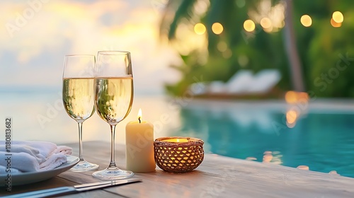 Romantic candlelit dinner setup by a serene poolside with a tranquil summer evening atmosphere  Cozy and elegant table setting with wine glasses candles and lush tropical decor creating a dreamy photo