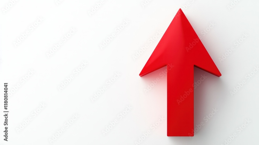 Triangular 3D arrow in vibrant red pointing upward, isolated on a bright white background. Triangular 3D arrow in vibrant red pointing upward, isolated on a bright white background.