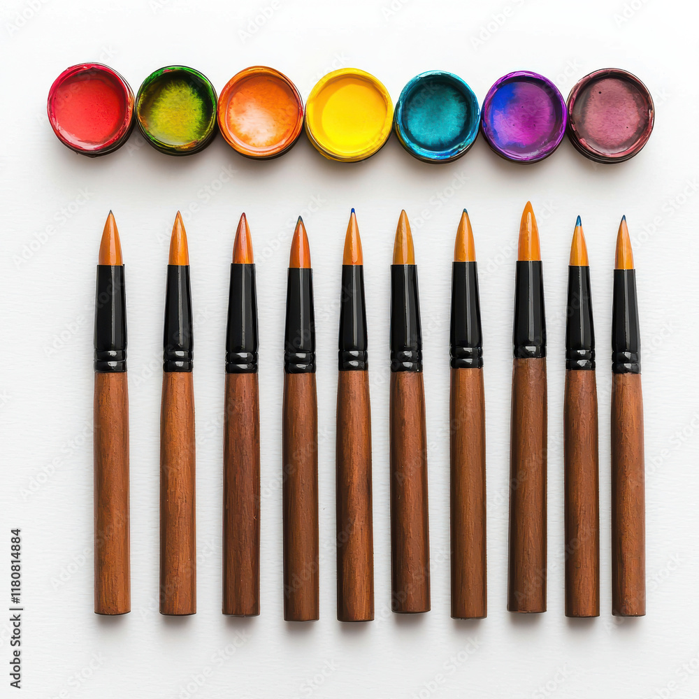 Naklejka premium Colorful watercolor paints and brushes arranged neatly
