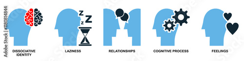 Psychology and Mental Health Icon Set: Dissociative Identity, Laziness, Relationships, Cognitive Process, and Emotional Feelings Concepts for Human Behavior, Thinking, and Mental Conditions