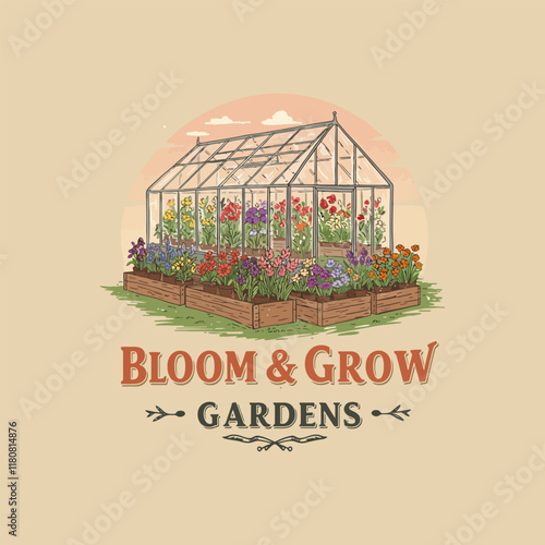 A charming vintage illustration depicts a glass greenhouse brimming with colorful flowers in wooden planters, signifying the beauty of gardening.