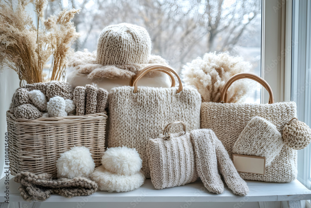 Obraz premium Stylish display of knit and textured handbags with cozy winter hats and sweaters in a modern boutique