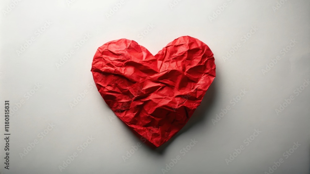 A Crumpled Red Paper Heart Shape on a Plain Background A Crumpled Red Paper Heart Shape on a Plain Background