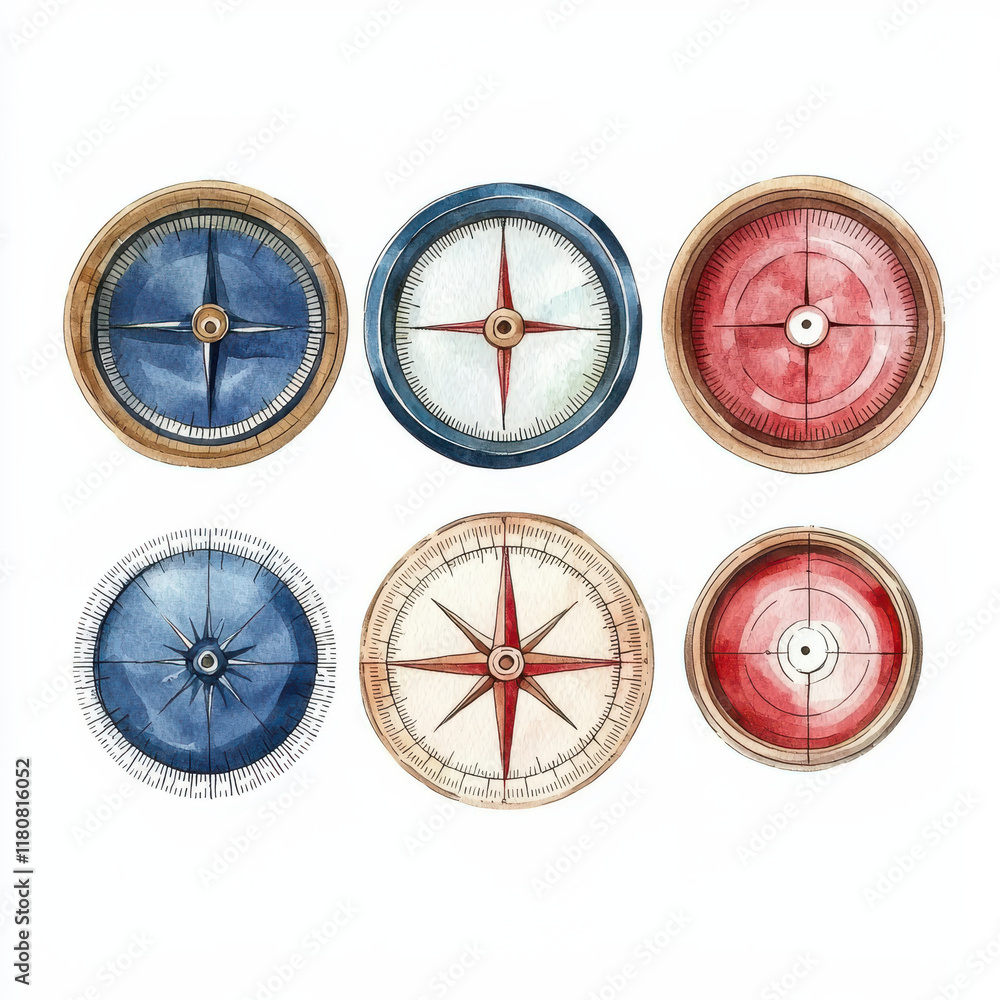 Watercolor compasses in blue, red, and brown tones Watercolor compasses in blue, red, and brown tones