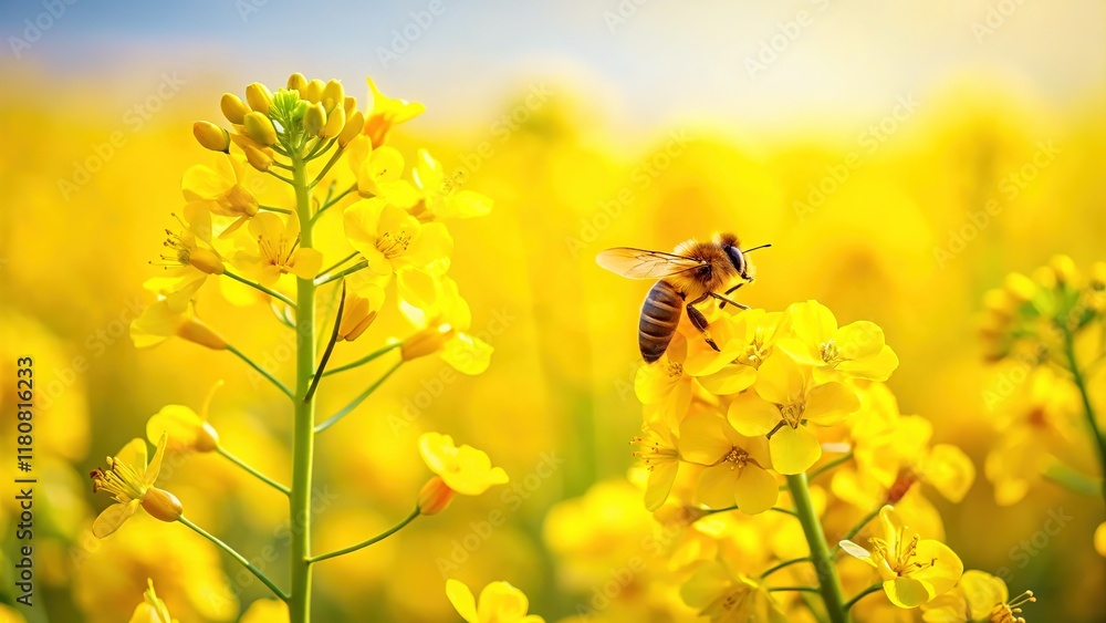 Close-Up Rapeseed Flowers and Bee, Bright Yellow Spring Blossom, Nature Photography Close-Up Rapeseed Flowers and Bee, Bright Yellow Spring Blossom, Nature Photography
