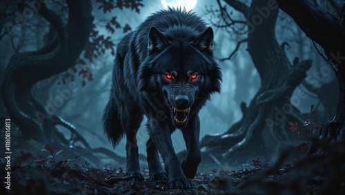 Black wolf with glowing eyes walking in a dark forest at night under the full moon.
