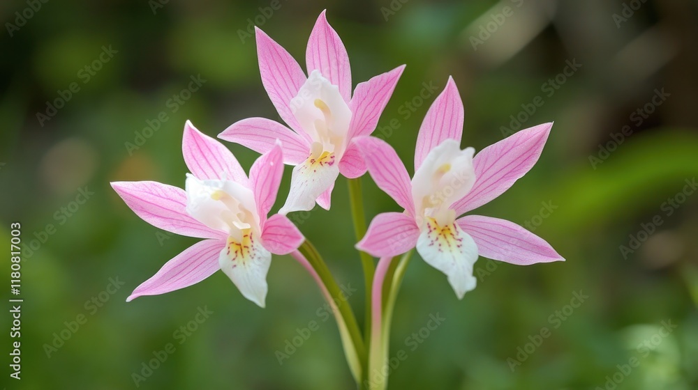 Pink orchids blooming, forest background, nature photography, floral design Pink orchids blooming, forest background, nature photography, floral design