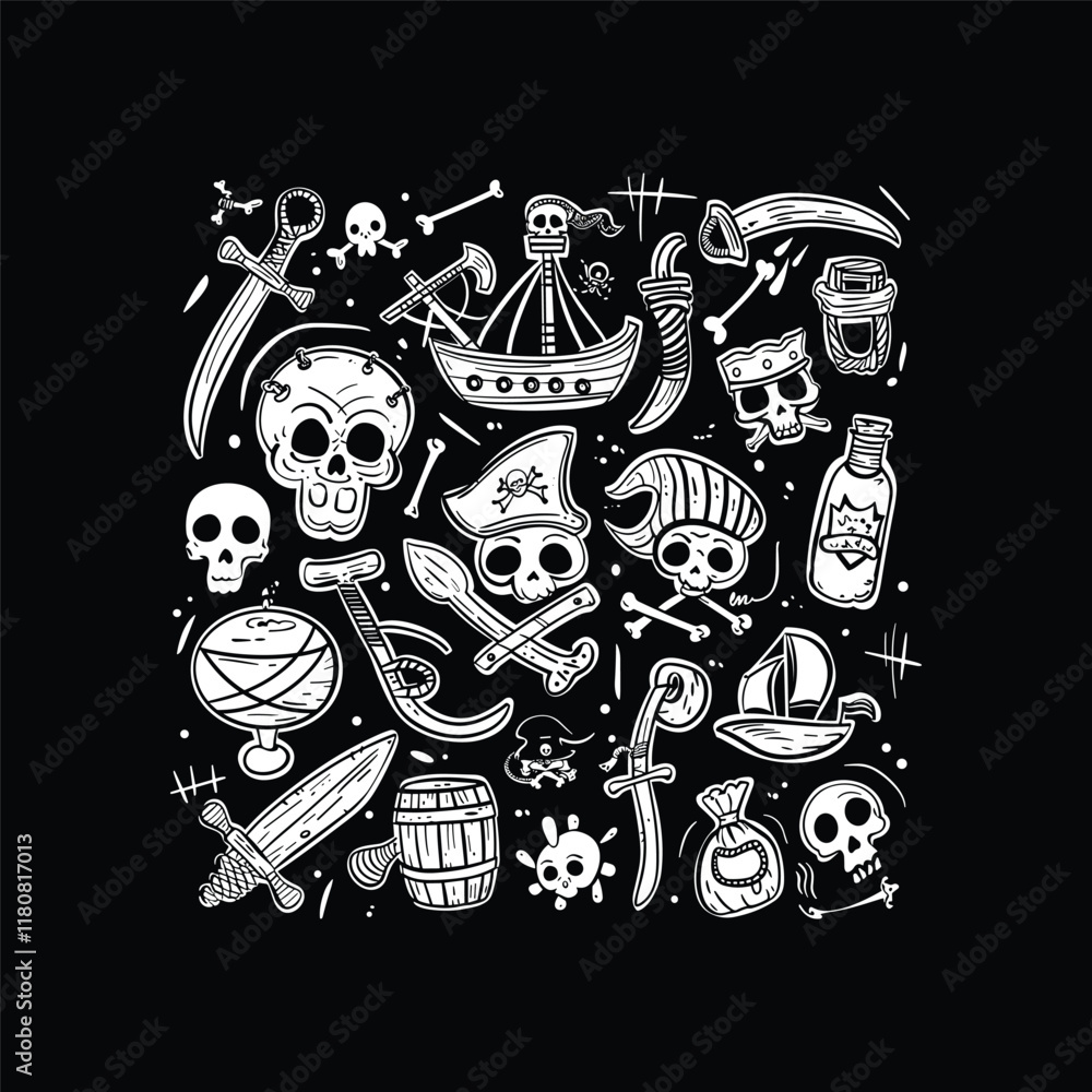 Fototapeta premium Pirates doodle art design vector template illustration