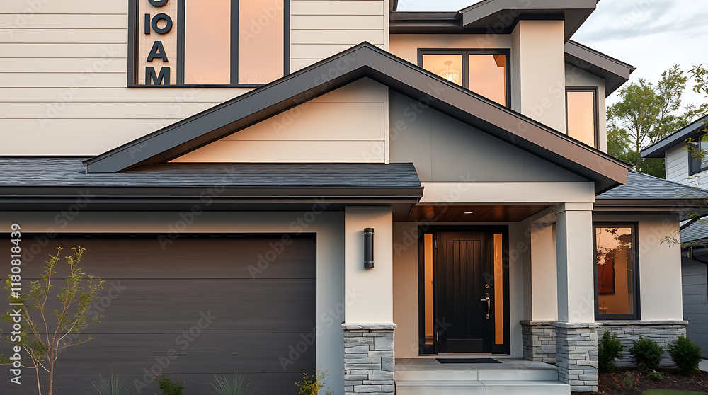Fototapeta premium Modern two-story house with dark gray accents, light beige siding, dark gray garage door, and a dark front door. Stone accents are visible at the base of the entryway.