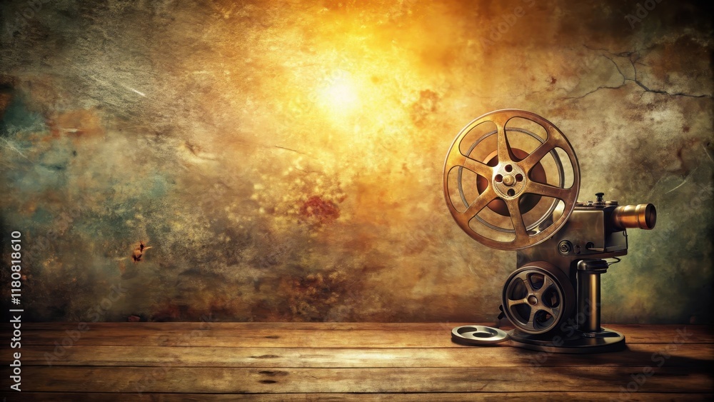 Fototapeta premium Vintage Movie Projector on Wooden Table Against Aged Wall