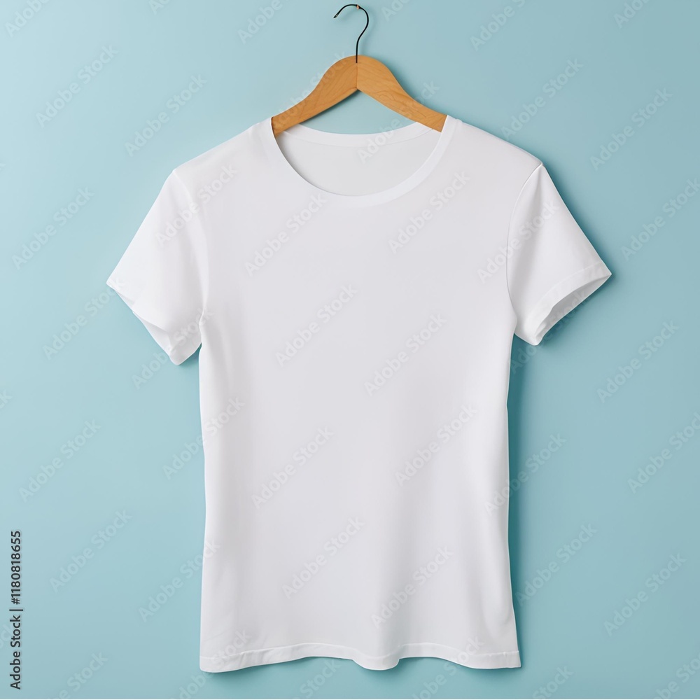 Blank white t-shirt mockup on blue background. Blank white t-shirt mockup on blue background.