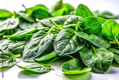 Fresh Spinach Leaves, Bright Green, White Background, High-Resolution Food Photography