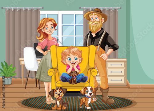 Happy Family with Dogs at Home