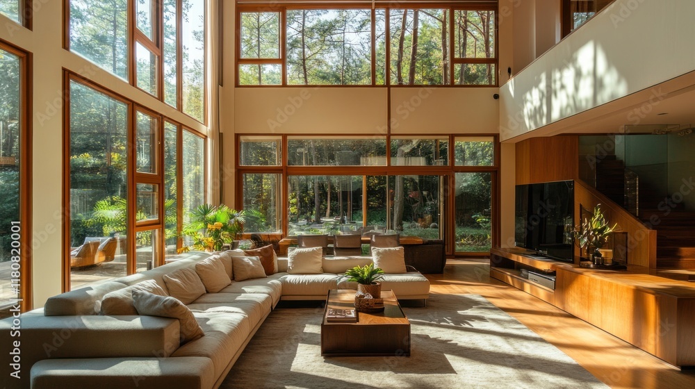 Fototapeta premium Sunlit modern living room, forest view, luxury home interior design