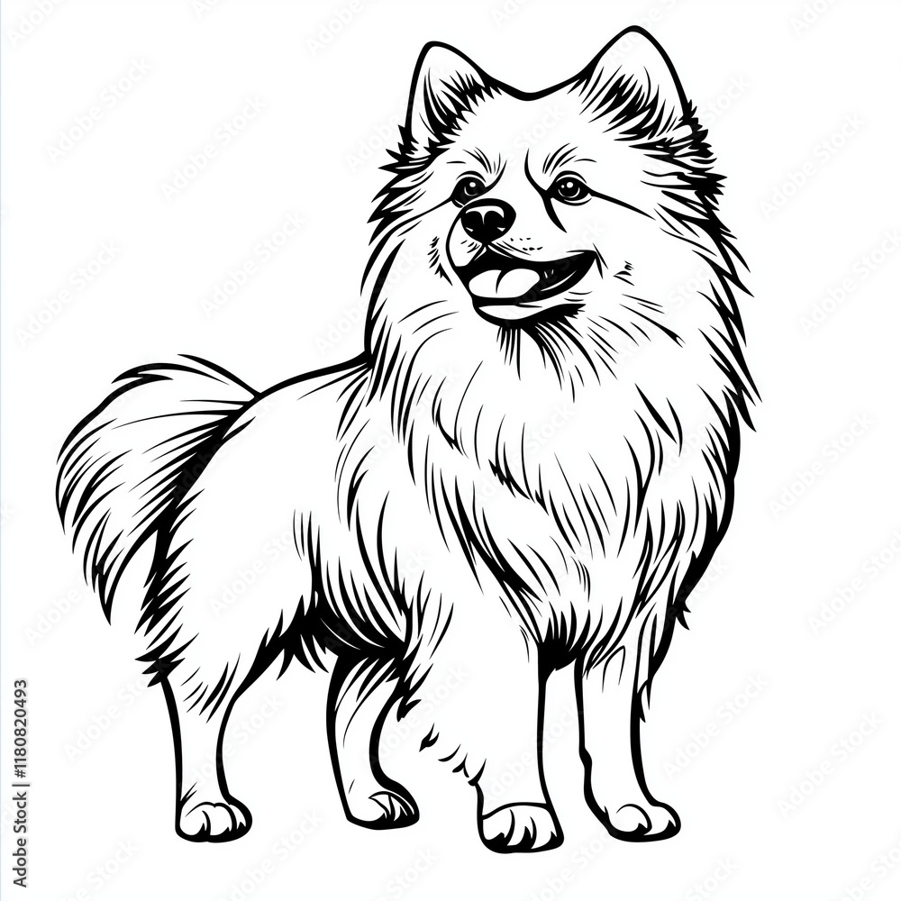 Fototapeta premium Simple line drawing of a Keeshond full body on a white background,