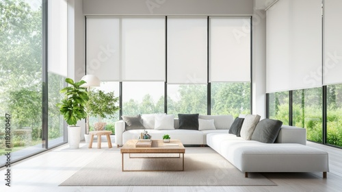 Modern living room with roller blinds, large windows, green trees, sunlight, interior design