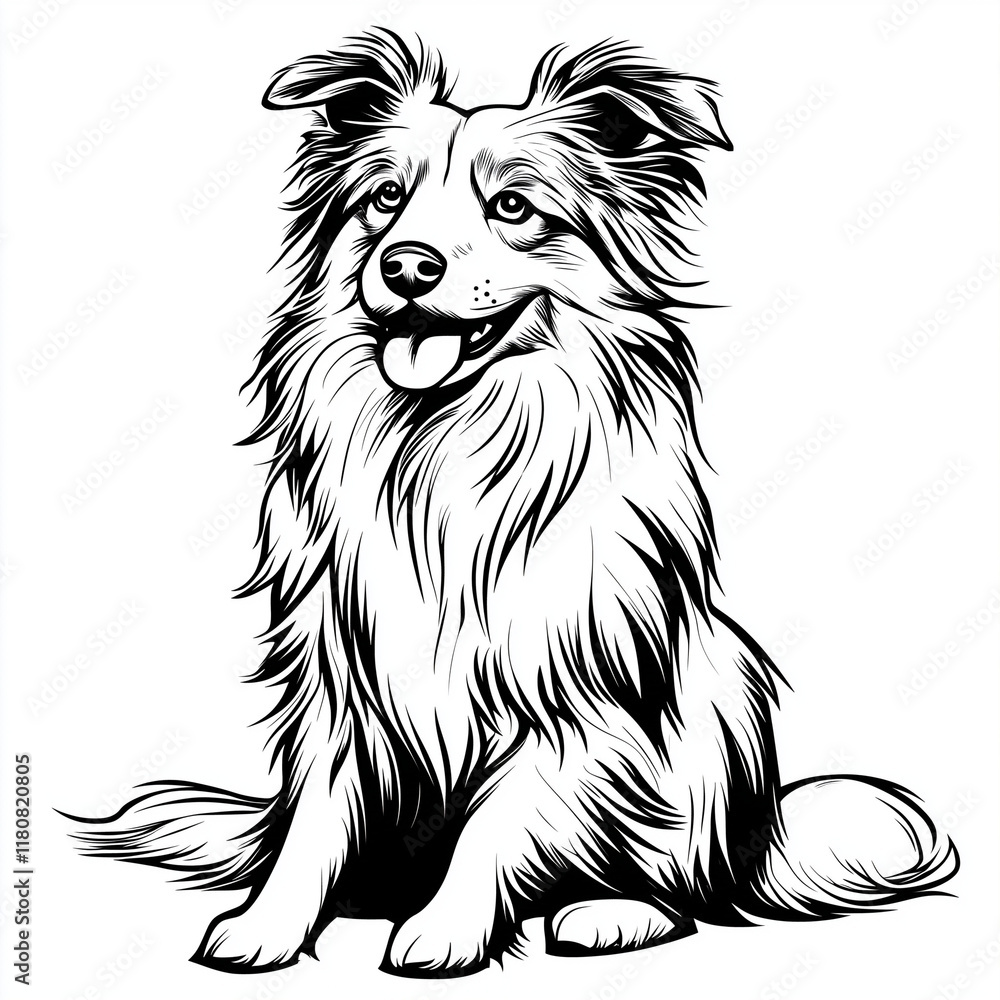 Fototapeta premium Simple line drawing of a Shetland Sheepdog full body on a white background,