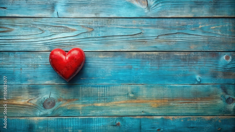 Rustic Blue Wooden Planks Background with a Single Red Heart Rustic Blue Wooden Planks Background with a Single Red Heart
