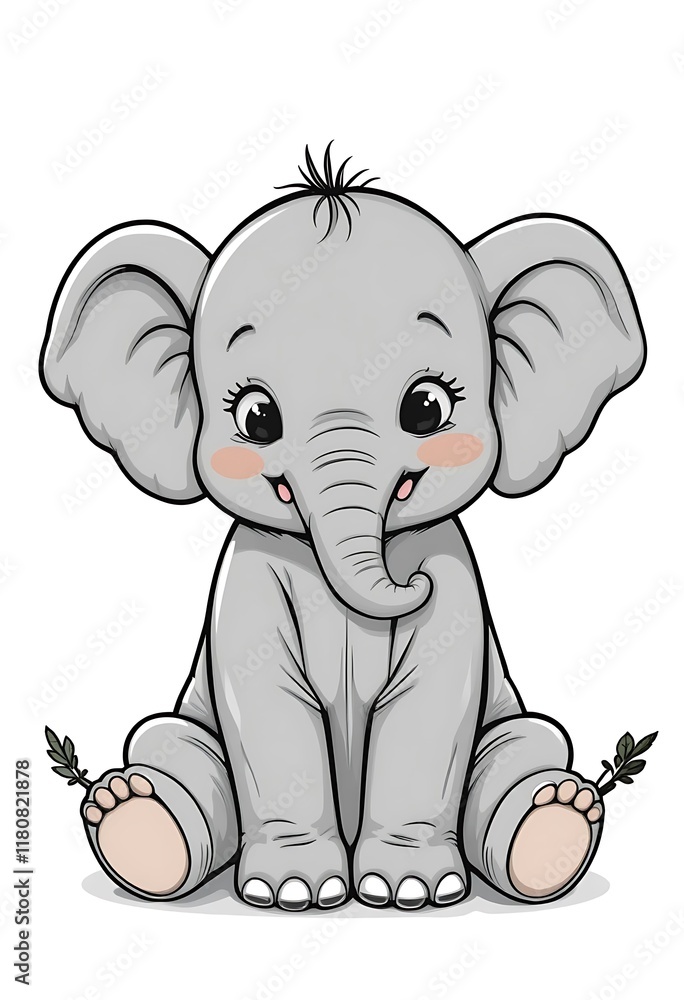 Fototapeta premium Adorable Baby Elephant Sitting Calmly on White Background