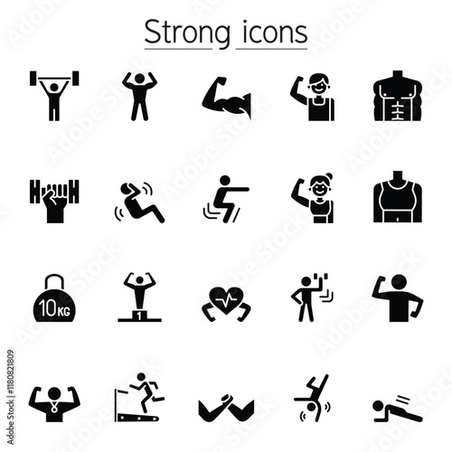 Strong, fit, exercise icons set in thin line style