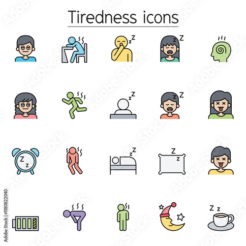 Tiredness, sleepy icons set in thin line style