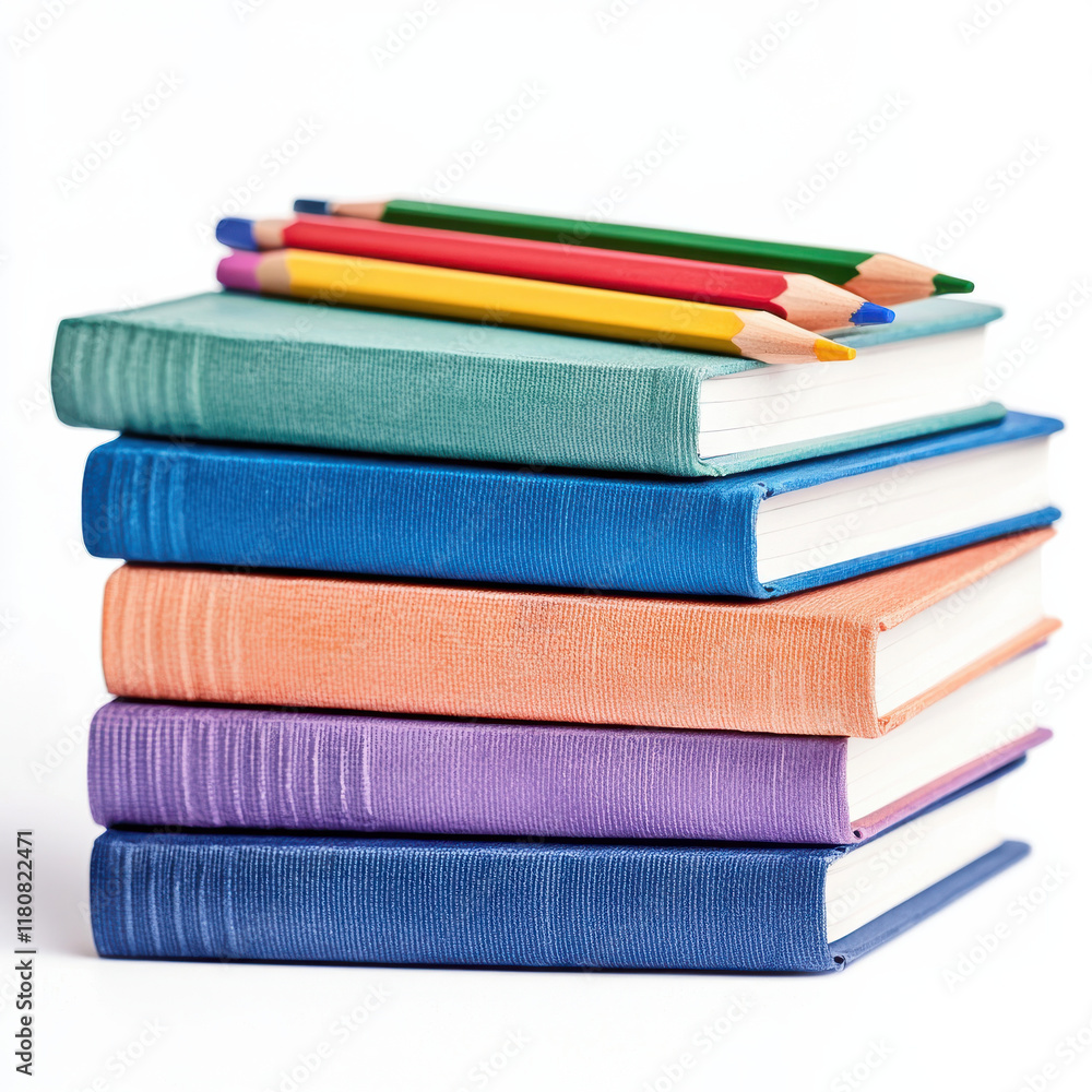 Colorful stack of books with pencils on top, vibrant and organized Colorful stack of books with pencils on top, vibrant and organized
