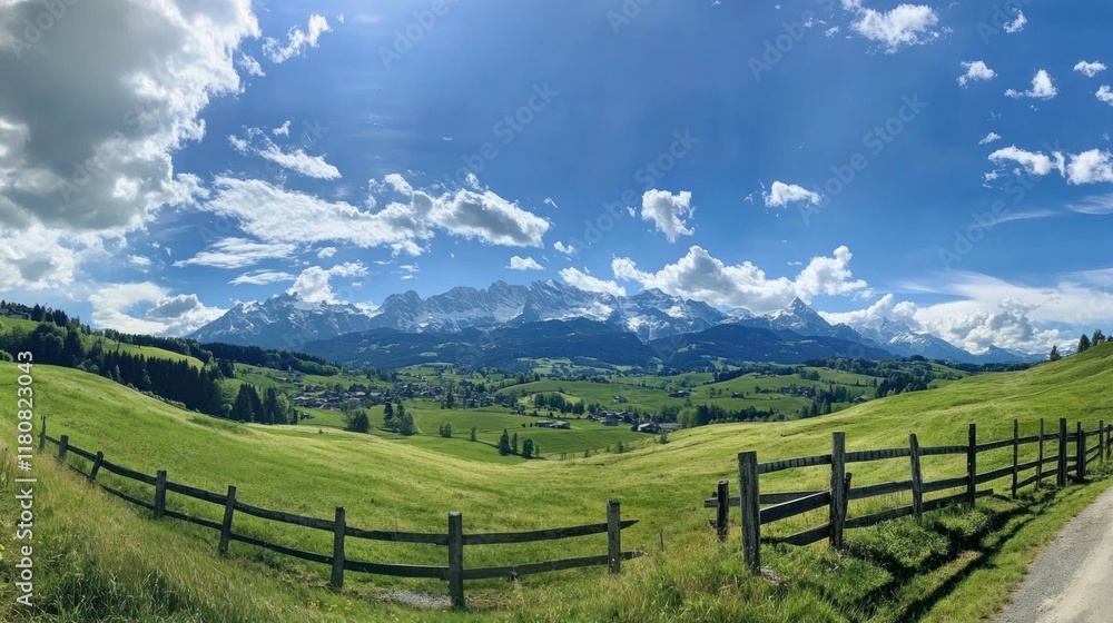 Mountain view over green hills and small village under blue sky with clouds. Travel use Mountain view over green hills and small village under blue sky with clouds. Travel use