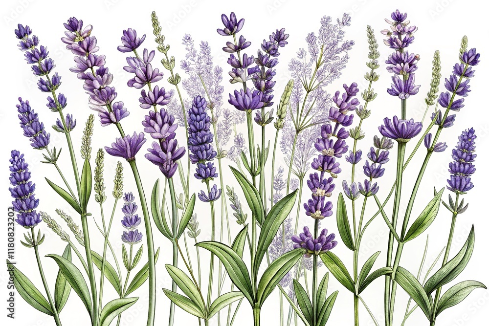 Naklejka premium Sharp Lavender Floral Sketches: Bright Black & White Botanical Illustrations