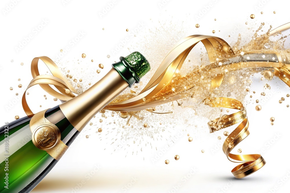 Fototapeta premium Sparkling Champagne Celebration: Festive Bottle, Flying Cork, Flowing Ribbons
