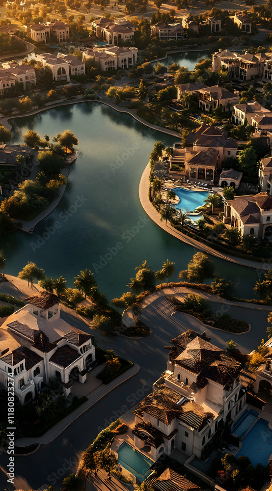 Aerial view of upscale residential area with water features and landscaped gardens. Aerial view of upscale residential area with water features and landscaped gardens.