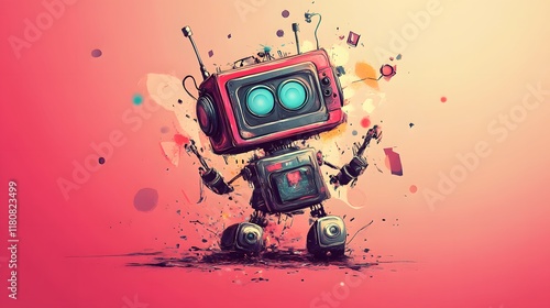 Futuristic Red Robot with Integrated Camera Capturing Images in an Engaging Urban Environment Showcasing Advanced Technology and Innovative Design Elements