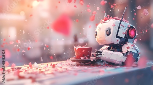 Futuristic Robot Sitting on a Table with a Laptop Displaying Data in a Modern Workspace Creating an Innovative Technology Atmosphere