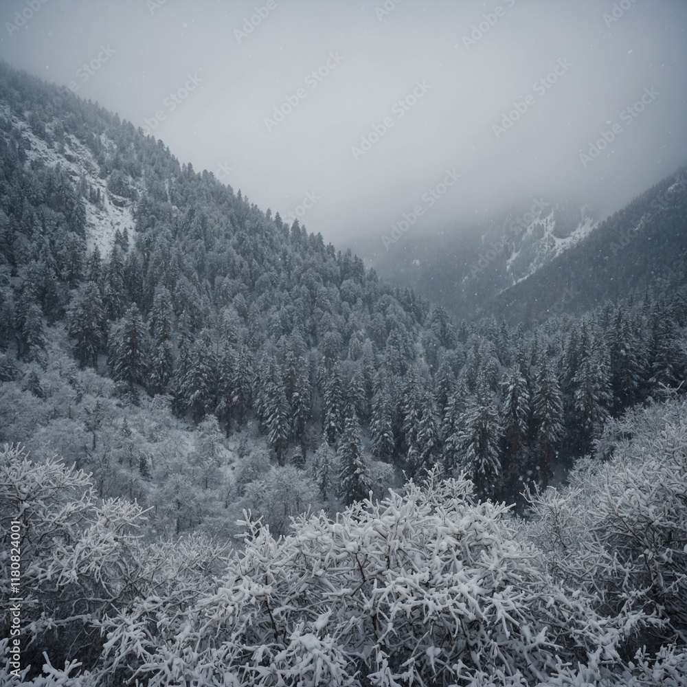 Obraz premium A soft snowfall over a dense forest at the base of snowy mountains.
