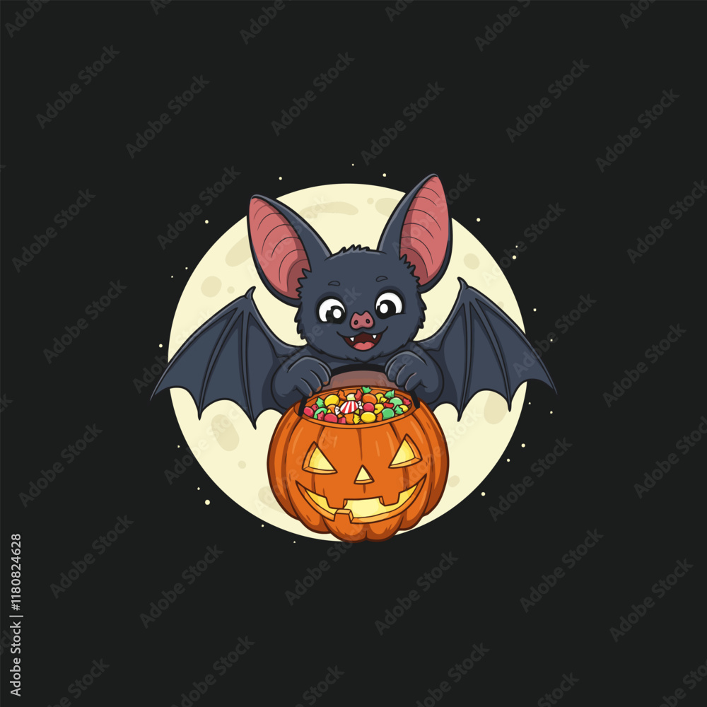 Fototapeta premium A cute cartoon bat holds a pumpkin filled with candy against a full moon background, perfect for Halloween.