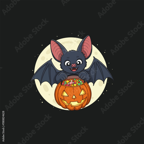 A cute cartoon bat holds a pumpkin filled with candy against a full moon background, perfect for Halloween.
