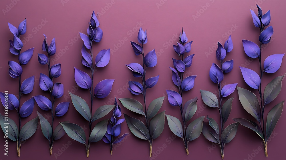 Fototapeta premium Purple Floral Branches Arranged Symmetrically Against Maroon Background