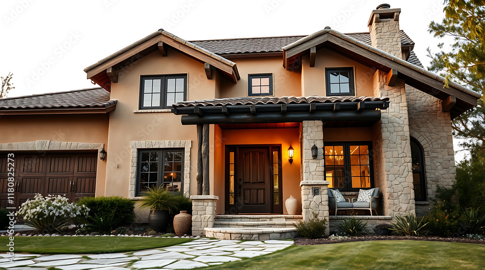 Two-Story Tan House with Covered Entryway and Landscaping Two-Story Tan House with Covered Entryway and Landscaping