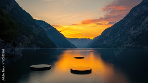 Serene Sunset over Lake and Mountains, Tranquil Floating Platforms at Golden Hour