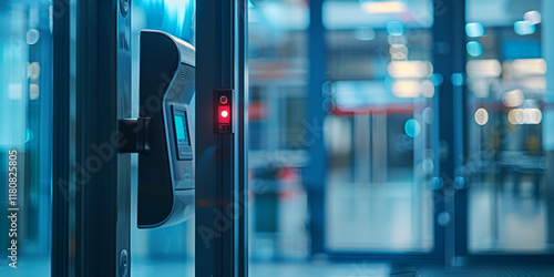  High-tech access control system with red glowing indicator, Modern security gate equipped with advanced scanning technology