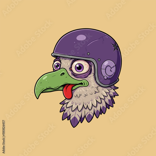 A stylized cartoon illustration depicts a vultures head wearing a damaged purple helmet with a quirky expression.