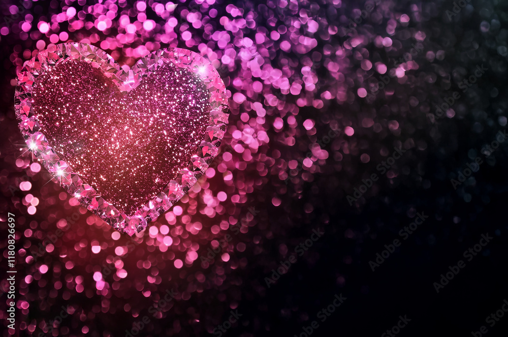 Fototapeta premium Cœur scintillant rose effet bokeh lumineux fond sombre, romantique Saint Valentin 14 février espace négatif copyspace.