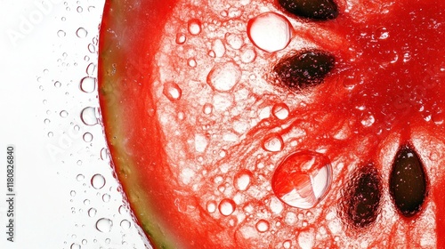 Close-up of a watermelon slice with water droplets. photo